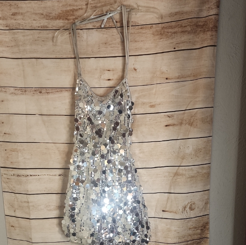 SHEIN Elegant Silver Disc Sequin Halter Mini Dress - Perfect Party/